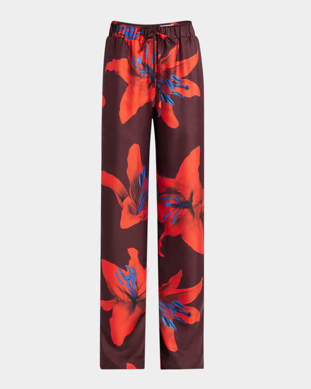Lily-Print Silk Wide-Leg Pull-On Trousers